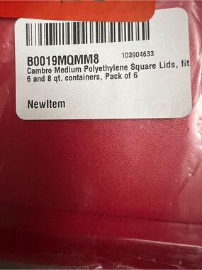 Cambro Red Polyethylene Square Lids - Pack of 6, new, fits 6 & 8 qt containers